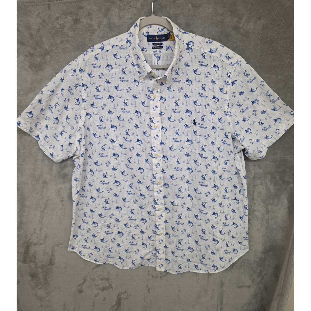 Polo Ralph Lauren Seersucker Marlin Button Down Shirt RL Untucked Fit XXL Camp